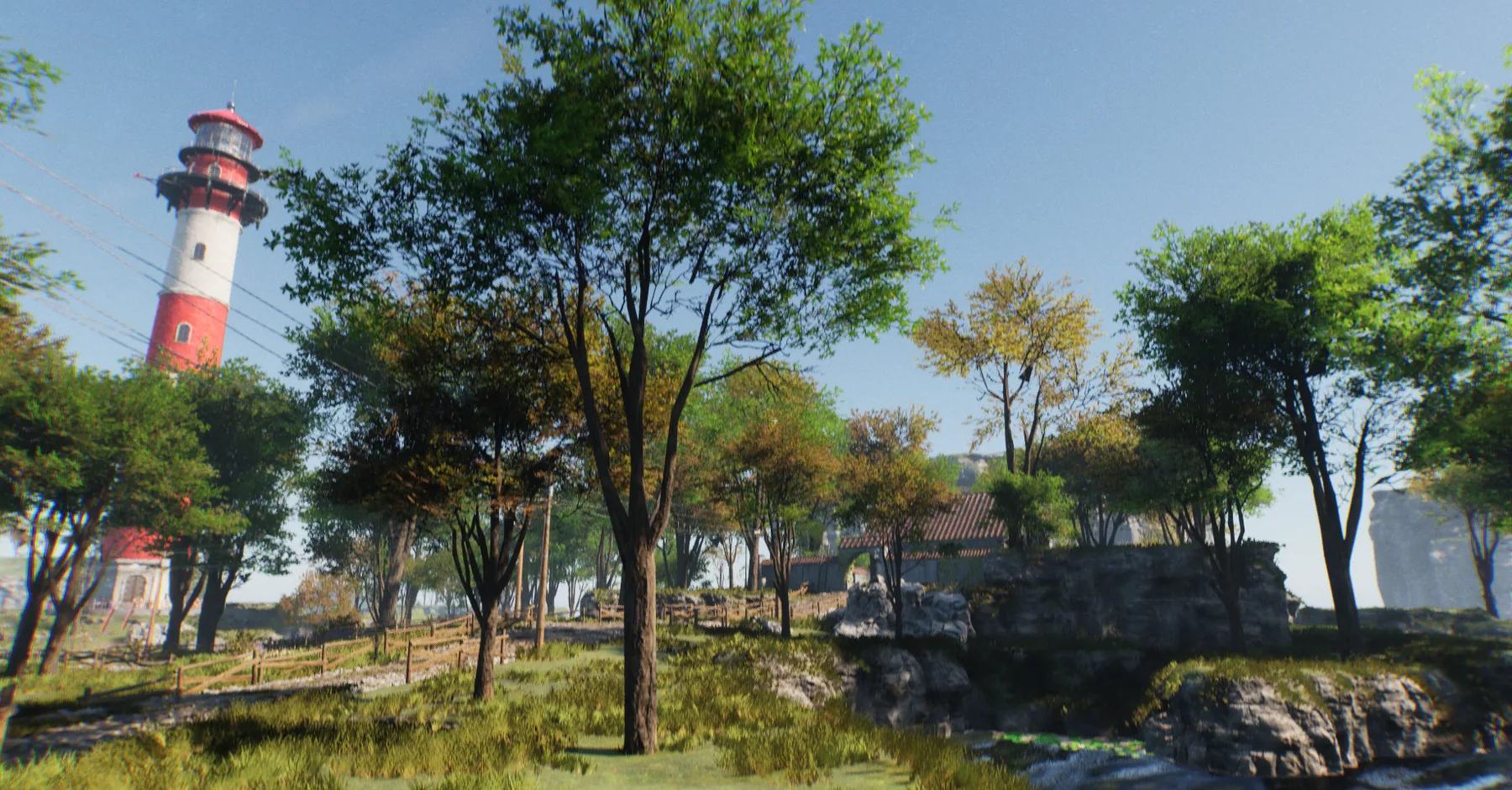 The lighthouse and surrounding island landscape in Keeper's Reach.