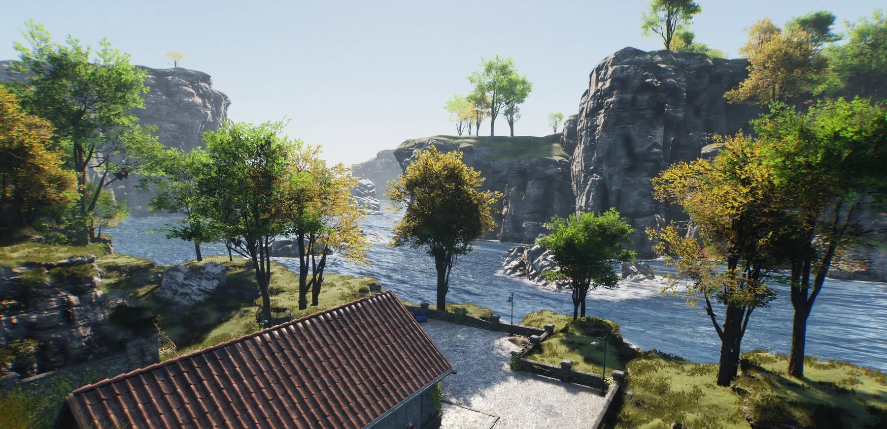 A river valley, cliffs, trees, and buildings in Keeper's Reach.