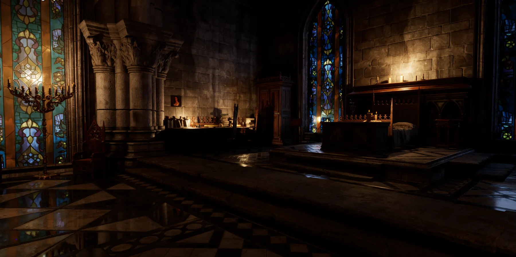 A candlelit gothic chapel with stained glass in Marcilla.