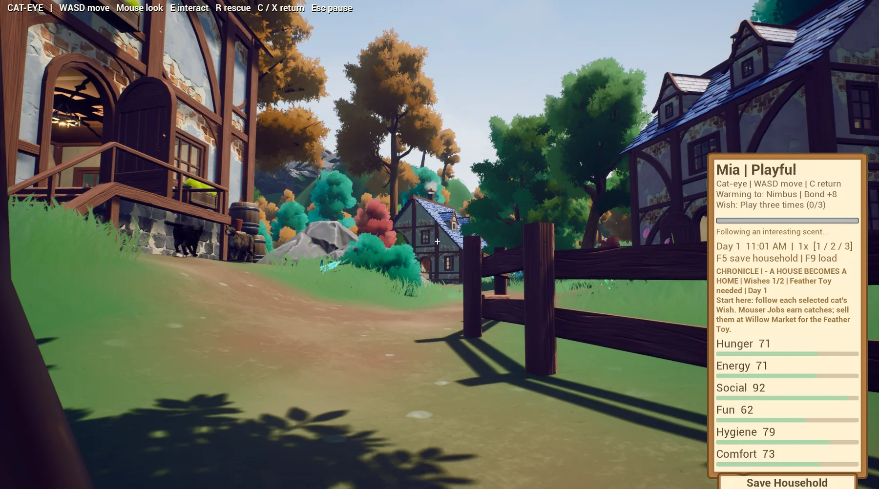 Cat-eye gameplay view in Willow Mews with the full status HUD visible.