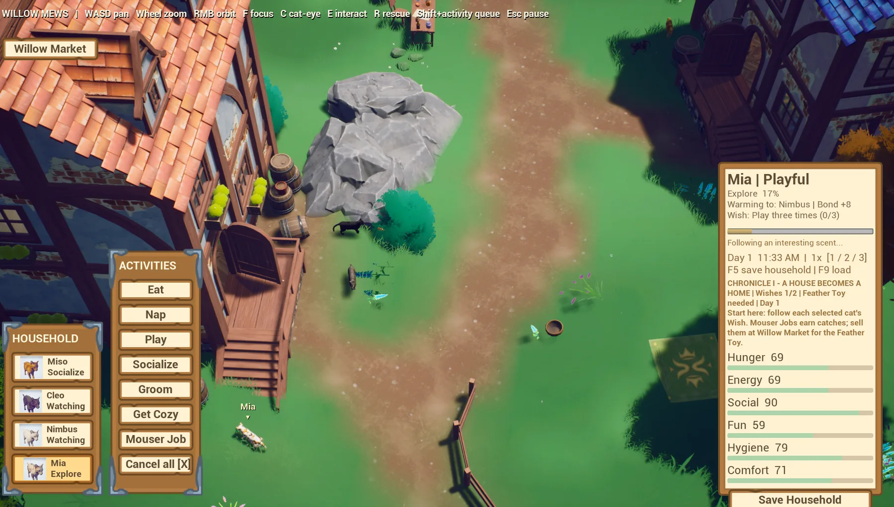 Willow Mews gameplay showing cats, Willow Market, activities, household controls, and the full HUD.